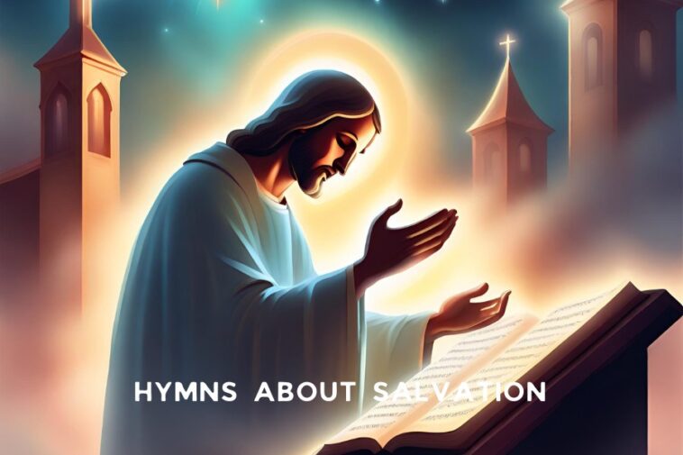 Illustration of a man with long hair reading an open book with music notes, set against a backdrop of church towers and a starry sky. The text "HYMNS ABOUT SALVATION" is at the bottom.