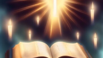 Open book with text, candles, and a cross emitting light rays.