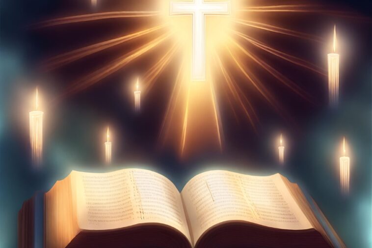 Open book with text, candles, and a cross emitting light rays.