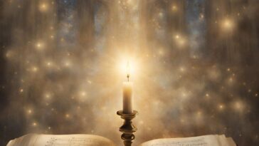 A lit candle in a brass holder sits on an open book of sheet music, with a blurred background of gothic arches and sparkling lights.