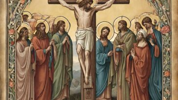 Painting of Jesus on the cross, surrounded by people with halos.