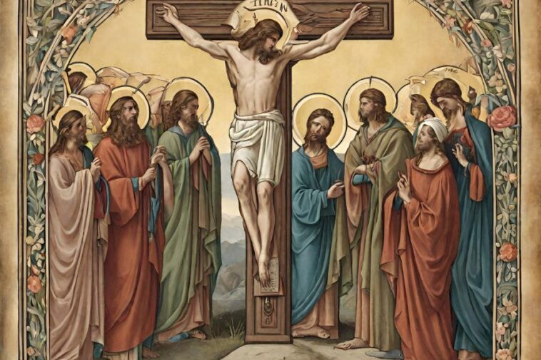 Painting of Jesus on the cross, surrounded by people with halos.