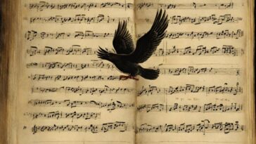Open book of sheet music with a black bird flying above the pages.