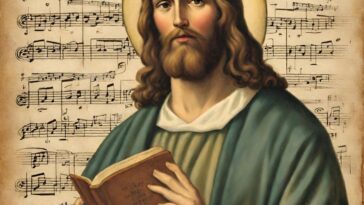 Painting of a bearded man with a halo, holding an open book, against a background of sheet music.