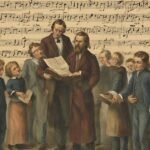 A group of people, including children, stand in front of a large sheet of music, with a bearded man holding an open book.