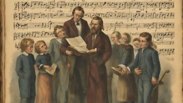A group of people, including children, stand in front of a large sheet of music, with a bearded man holding an open book.