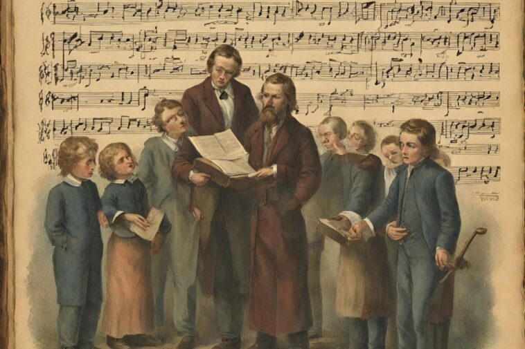 A group of people, including children, stand in front of a large sheet of music, with a bearded man holding an open book.