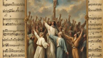 Painting of a crowd with arms raised, Jesus on the cross, framed by sheet music.