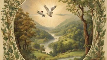 Painting of two birds flying over a lush valley with a river, framed by foliage and text.