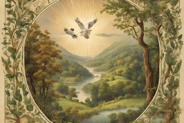 Painting of two birds flying over a lush valley with a river, framed by foliage and text.