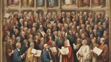 Painting showing a large group of people, many holding books, with some standing on a raised platform in the background.
