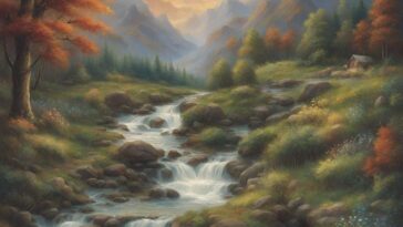 Landscape painting of a rocky stream flowing through a valley, with mountains in the background and a small cabin on a grassy hillside. Autumnal colors are present in the trees.