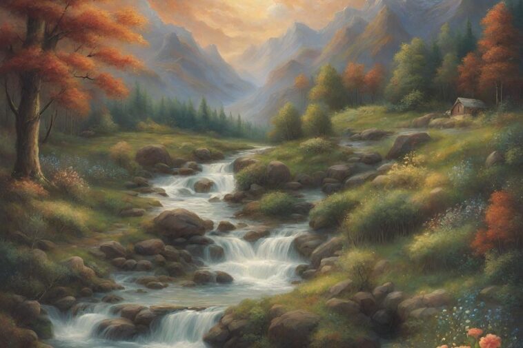 Landscape painting of a rocky stream flowing through a valley, with mountains in the background and a small cabin on a grassy hillside. Autumnal colors are present in the trees.