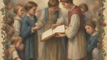 Painting of a group of children gathered around an open book of sheet music, framed by floral vines.