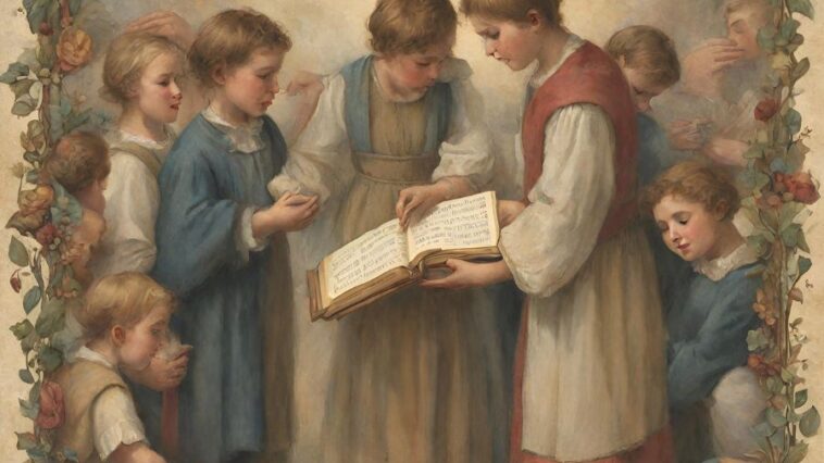 Painting of a group of children gathered around an open book of sheet music, framed by floral vines.