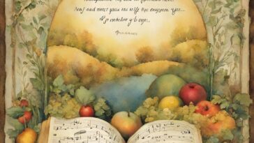 Watercolor-style painting of an open book of sheet music surrounded by fruit and foliage, set against a landscape with text above.