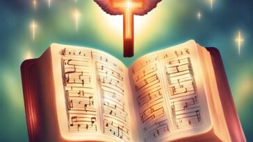 Open book of music with a winged cross above, against a background of glowing crosses.