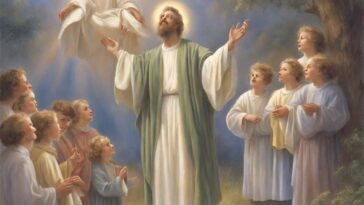 Painting of a man with arms raised, looking up at a figure in the sky, surrounded by children.