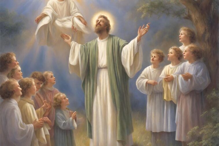 Painting of a man with arms raised, looking up at a figure in the sky, surrounded by children.
