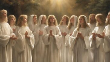 A group of people in white robes stand looking upwards towards a glowing cross.
