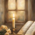 A still life scene with a lit candle in a holder, a bouquet of light yellow flowers, and an open book of sheet music, set near a window.