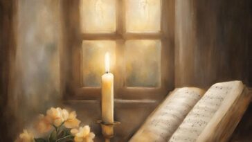 A still life scene with a lit candle in a holder, a bouquet of light yellow flowers, and an open book of sheet music, set near a window.
