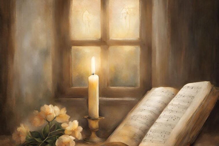 A still life scene with a lit candle in a holder, a bouquet of light yellow flowers, and an open book of sheet music, set near a window.