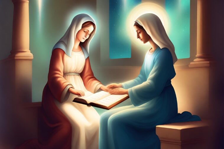 Two women in headscarves sit side-by-side, reading from an open book, with a halo above one woman's head, near a window.