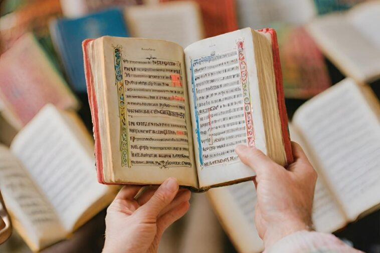 Hands hold open a small, old book with red edges and decorated borders, surrounded by other books.