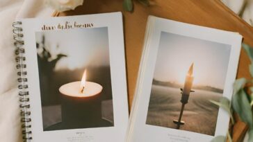 Two open books on a wooden tray, each displaying a photo of a lit candle, with floral accents around the tray.