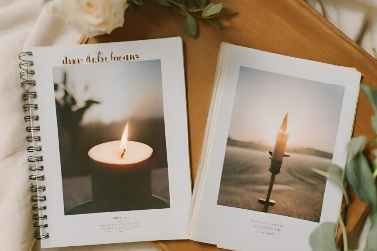 Two open books on a wooden tray, each displaying a photo of a lit candle, with floral accents around the tray.