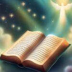 Open book with text on pages, against a backdrop of clouds, stars, and a glowing angel figure.