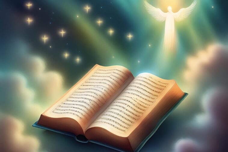 Open book with text on pages, against a backdrop of clouds, stars, and a glowing angel figure.