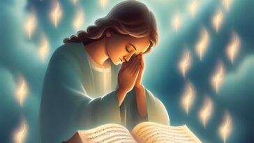 Illustration of a person with folded hands, eyes closed, above an open book of sheet music, with glowing flame-like shapes in the background.