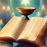 Open book with text, topped with a decorative bowl, surrounded by lit candles and a blue ribbon.
