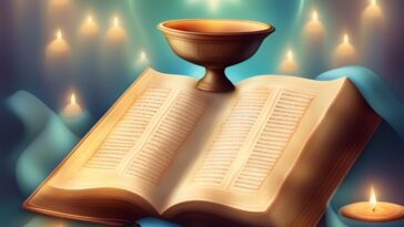Open book with text, topped with a decorative bowl, surrounded by lit candles and a blue ribbon.