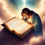 Figure with long hair in a robe, head in hand, reading a large open book filled with text, surrounded by clouds with a bright light above.