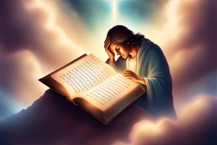 Figure with long hair in a robe, head in hand, reading a large open book filled with text, surrounded by clouds with a bright light above.
