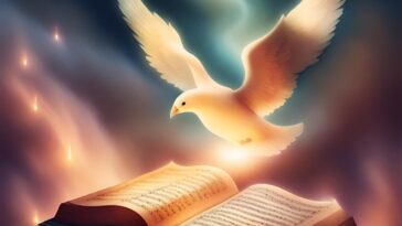 Glowing white dove hovers above an open book with musical notes, against a dark, smoky background with streaks of light.