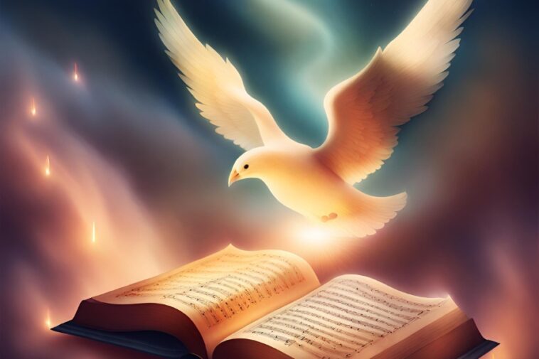 Glowing white dove hovers above an open book with musical notes, against a dark, smoky background with streaks of light.