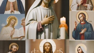 A collage of nine images depicting religious figures, including statues and paintings, with halos and serene expressions.