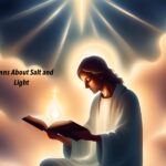 Figure with long hair reading a book with a glowing cross above it, surrounded by clouds and light rays. Text reads "Hymns About Salt and Light.