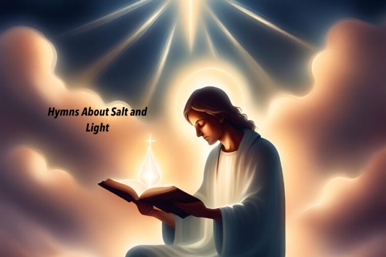 Figure with long hair reading a book with a glowing cross above it, surrounded by clouds and light rays. Text reads "Hymns About Salt and Light.
