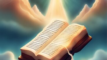 Open book with text against a blue sky with clouds and a beam of light.
