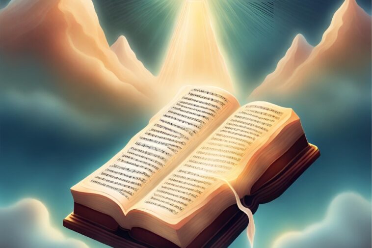 Open book with text against a blue sky with clouds and a beam of light.