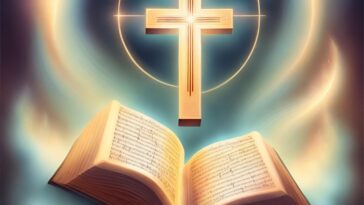 Open book with text below a glowing cross symbol.