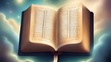 Open book with musical notes on its pages, floating in a sky with clouds and cross-shaped stars.