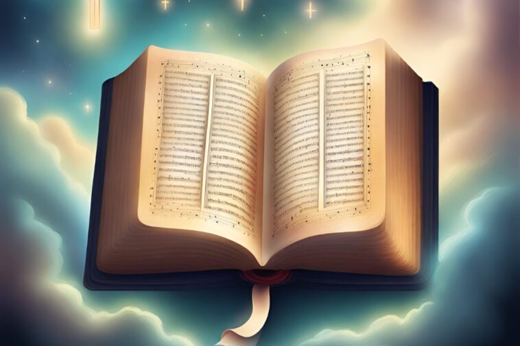 Open book with musical notes on its pages, floating in a sky with clouds and cross-shaped stars.
