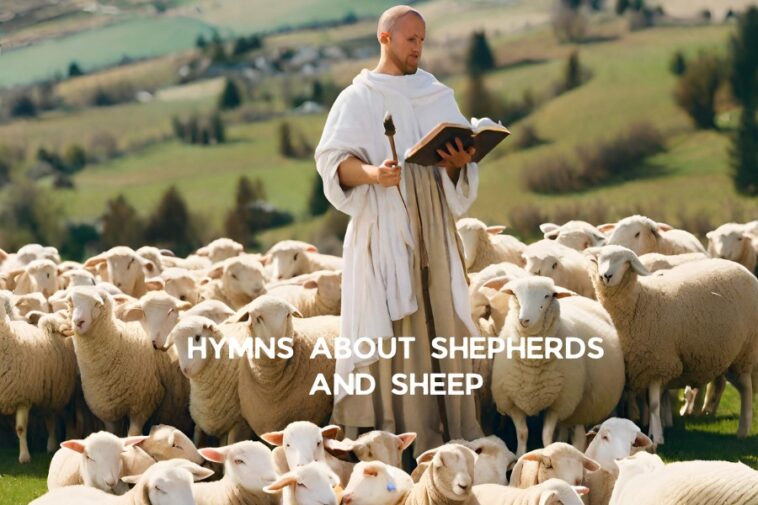 A man in white robes stands holding a book and staff, surrounded by a flock of sheep in a grassy field. "Hymns About Shepherds and Sheep" text overlay.