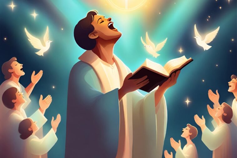 Illustration of a person singing from a book, surrounded by other people singing, doves, stars, and a glowing light.